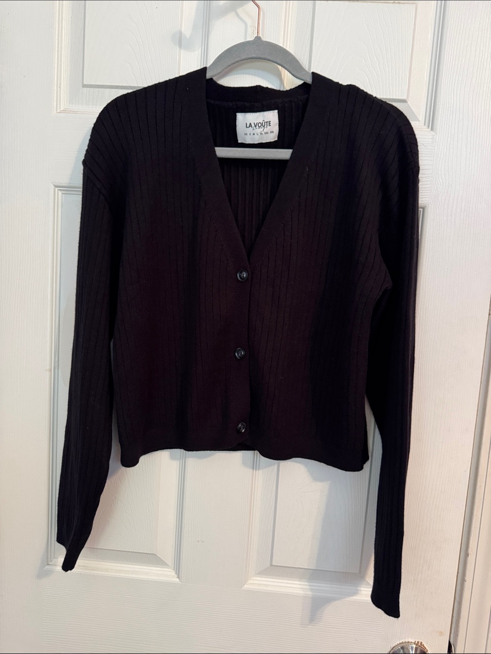 Black Ribbed V-Neck Button Cardigan
